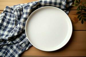 ai generato semplicità nel cenare vuoto bianca piatto vassoio su tovaglia superiore foto