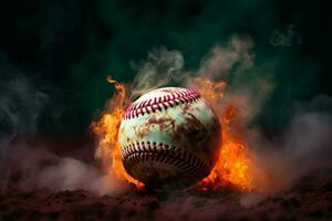 ai generato drammatico fiuto colorato baseball si apre contro un' fumoso e misterioso ambientazione foto