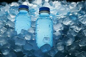 ai generato sete dissetante acqua bottiglia su un' letto di ghiaccio cubi foto
