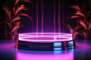 ai generato dinamico presentazione cilindro podio con vivace neon illuminazione per Prodotto vetrine foto