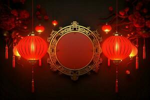 ai generato radiante 3d Cinese nuovo anno bandiera sospeso lanterna, festivo illuminazione foto