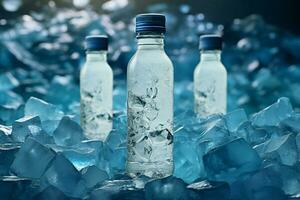 ai generato rinfrescante freddo acqua bottiglia presentata su un' fondale di ghiaccio foto