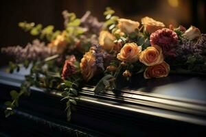 ai generato dolore catturato vicino su di funerale fiori su un' solenne bara foto
