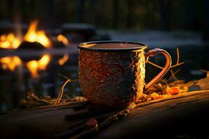 ai generato nordico la tranquillità caffè tazza si illumina di il natura selvaggia fuoco di bivacco foto