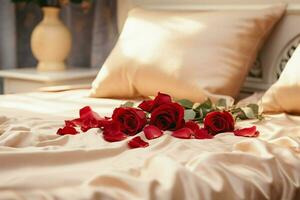 ai generato elegante gesto rosa petali su il letto aggiungendo un' toccare di lusso e romanza ai generato foto