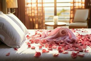 ai generato Hotel romanza letto ornato con rosa petali la creazione di un' romantico ambientazione ai generato foto