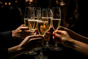 ai generato gruppo di amici tostatura con Champagne bicchieri a festa foto