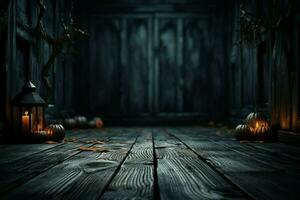 ai generato spaventoso scena misterioso Halloween atmosfera con chilling di legno tavole fondale ai generato foto