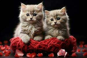 ai generato pawsitively adorabile un' dolce gattino annidato con un' cuore radiante amore ai generato foto