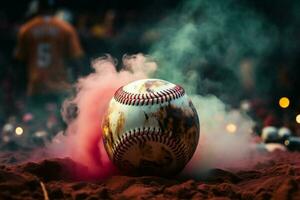 ai generato misterioso ambiance colorato baseball si apre nel un' fumoso, drammatico ambientazione foto