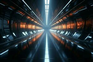 ai generato metallico eleganza nel un' futuristico tecnologia tunnel con un' scintillante finire foto