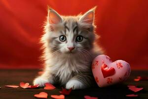 ai generato pawsitively adorabile un' dolce gattino annidato con un' cuore radiante amore ai generato foto