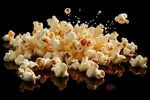 ai generato isolato Popcorn su nero sfondo, cattura il caduta o volante foto