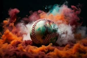 ai generato vivido contrasto colorato baseball sta su contro un' misterioso, fumoso fondale foto