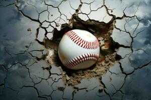 ai generato baseball pause barriere palla drammaticamente mosche attraverso un' Cracked parete foto