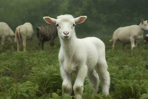 ai generato bianca agnello nel un' campo nel davanti di altro animali. generativo ai foto