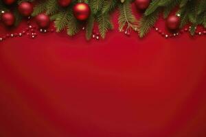 ai generato Natale o nuovo anno rosso sfondo con abete arredamento. ai generato foto