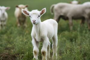 ai generato bianca agnello nel un' campo nel davanti di altro animali. generativo ai foto