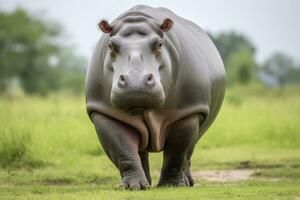 ai generato ippopotamo a piedi nel un' verde campo. ai generato foto