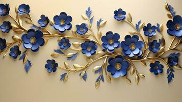 ai generato elegante oro e reale blu floreale albero con le foglie e fiori sospeso rami illustrazione sfondo. ai generato. foto