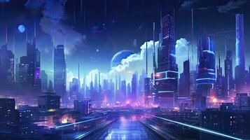 ai generato un' futuristico, cyberpunk ispirato paesaggio urbano a notte. ai generato foto