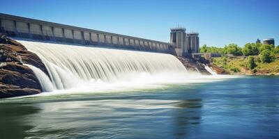 ai generato idroelettrico diga generando verde energia a partire dal fluente acqua. ai generato. foto