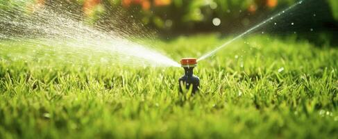 ai generato automatico giardino prato spruzzatore nel azione irrigazione erba. ai generato foto