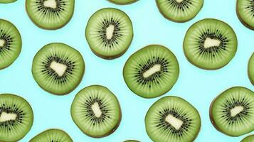 ai generato fette di Kiwi frutta e verde menta le foglie su un' leggero pastello blu sfondo. ai generato foto