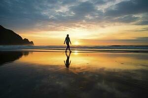 ai generato un' persona a piedi su il spiaggia a tramonto. ai generato. foto