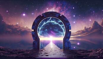 ai generato portale per un altro mondo. futuristico cosmico paesaggio con cerchio tunnel nel stellato cielo. generativo ai foto