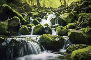 ai generato cascata paesaggio con rocce coperto nel verde muschio. ai generato foto
