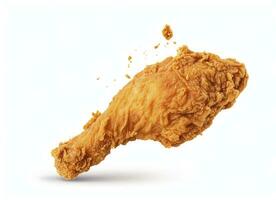 ai generato fritte pollo gamba caduta nel il aria isolato su un' bianca sfondo. ai generato. foto