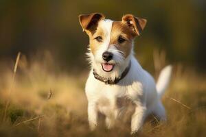 ai generato contento Jack russell terrier animale domestico cane in attesa, ascoltando nel il erba. ai generato foto