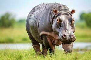 ai generato ippopotamo a piedi nel un' verde campo. ai generato foto