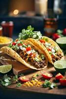 ai generato tre delizioso tacos con fresco ingredienti su un' rustico taglio tavola foto