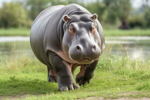 ai generato ippopotamo a piedi nel un' verde campo. ai generato foto