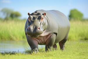 ai generato ippopotamo a piedi nel un' verde campo. ai generato foto