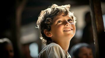 ai generato giovane ragazzo animatamente guardando a il cielo foto