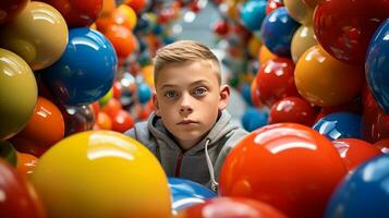 ai generato giovane ragazzo circondato di colorato palloncini foto