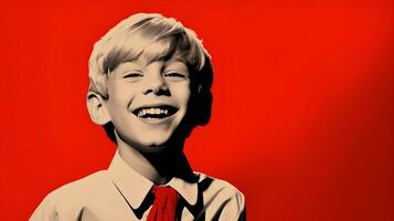 ai generato giovane ragazzo sorridente nel rosso cravatta foto
