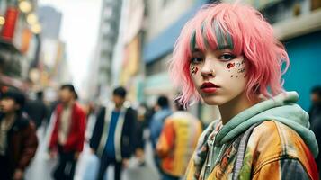 ai generato vivace donna con rosa capelli e trucco foto