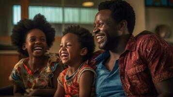 africano contento famiglia nel il vivente camera nel il luce del giorno foto