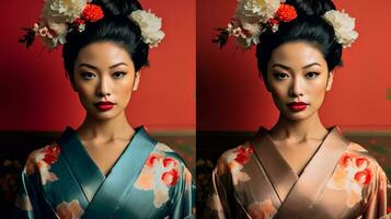 ai generato un' donna nel un' chimono ornato con fiori nel sua capelli foto