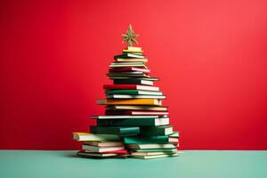 ai generato Natale albero fatto di libri su verde sfondo foto