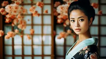 ai generato donna nel chimono pose con grazia in mezzo vivace fioriture foto