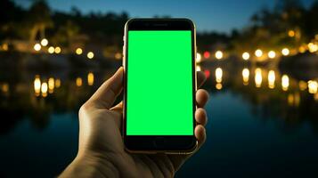 ai generato soggettivo Visualizza di un' mano Tenere un' mobile Telefono con schermo verde per mutevole il Schermo soddisfare foto