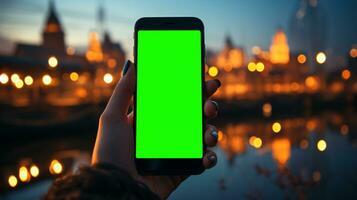 ai generato soggettivo Visualizza di un' mano Tenere un' mobile Telefono con schermo verde per mutevole il Schermo soddisfare foto