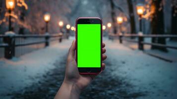 ai generato soggettivo Visualizza di un' mano Tenere un' mobile Telefono con schermo verde per mutevole il Schermo soddisfare foto