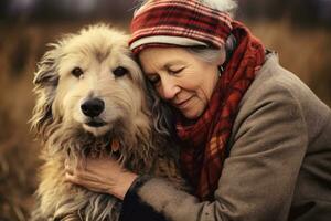 ai generato più vecchio anziano con animale domestico, un vecchio solitario donna con sua cane, ai generativo foto