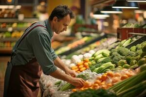 ai generato fresco biologico supermercato, un' lavoratore reimballaggio scaffali a il veggie Dipartimento corridoio, ai generativo foto